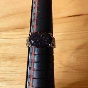 Vintage Style Black Glitter Cabochon Silver Tone Statement Ring